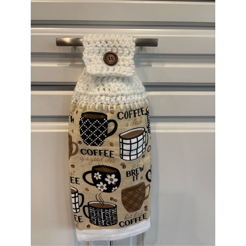 Crochet Top Kitchen Towel-coffee with cups